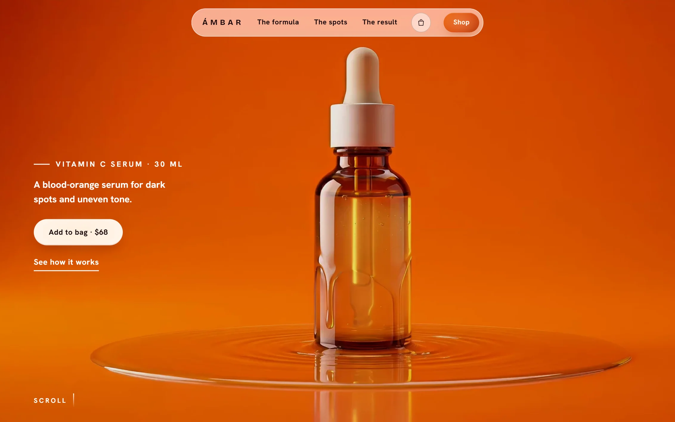 Ámbar — a vitamin C serum bottle beside a drop falling into amber liquid