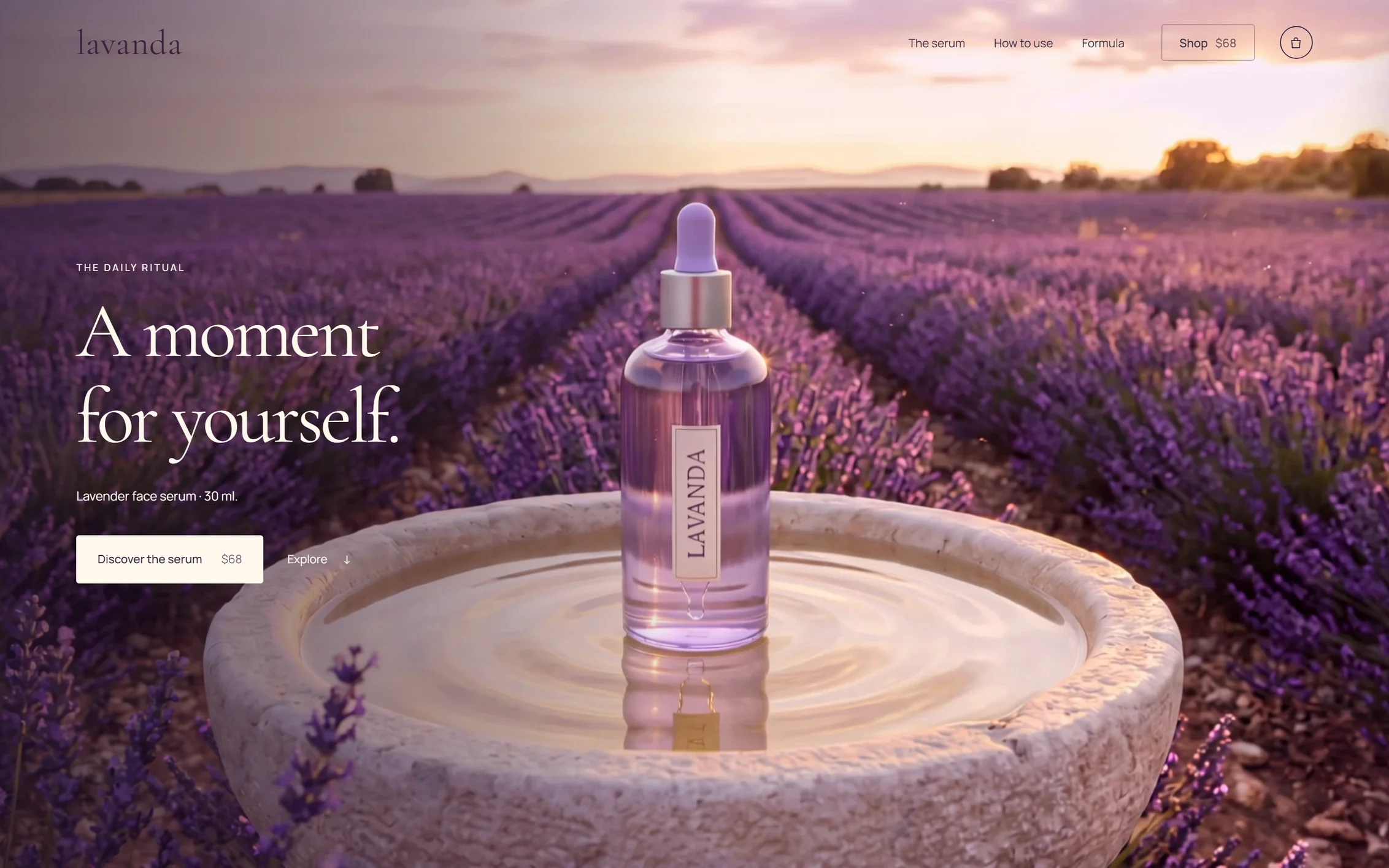 Lavanda face serum in a lavender field at sunset