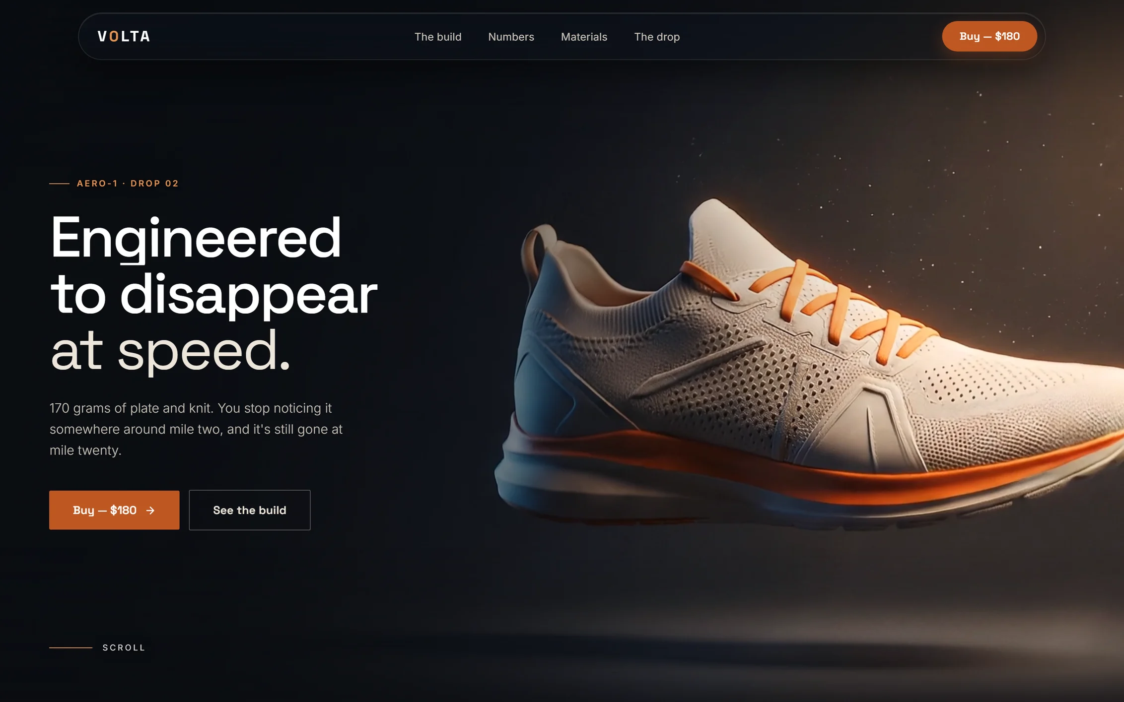 Volta AERO-1 — a knit running shoe floating in the dark